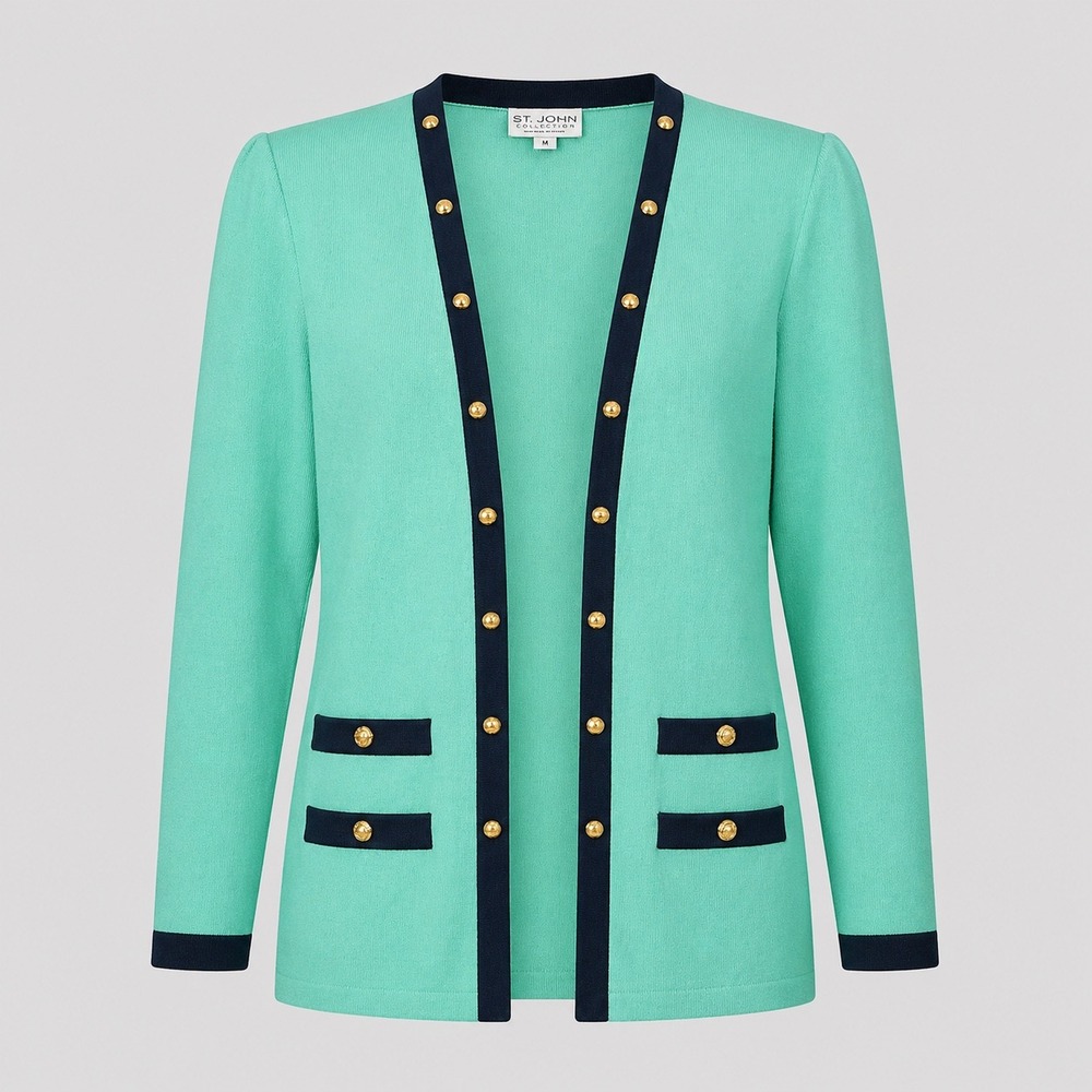 St John Collection Cardigan Womens Medium Green Navy Gold Button Knit Jacket